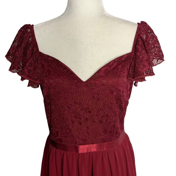 MissMay Retro Lace Chiffon Swing Dress L Wine Red Flutter Sleeve Lined Zip NEW - Picture 3 of 8